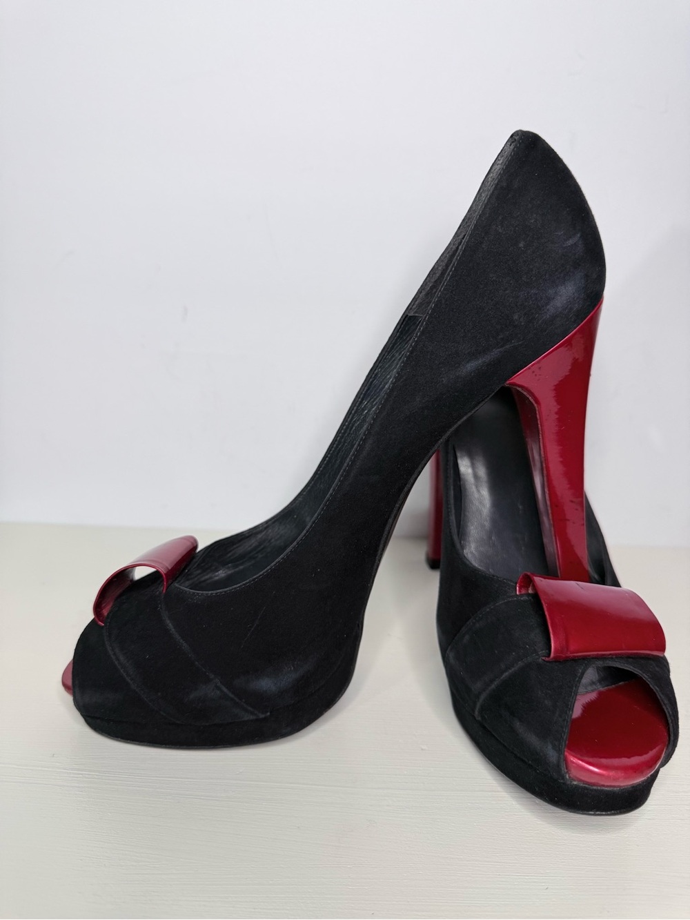 Stuart Weitzman Black Suede Peep-Toe Platform Heels with Red Patent Size 8